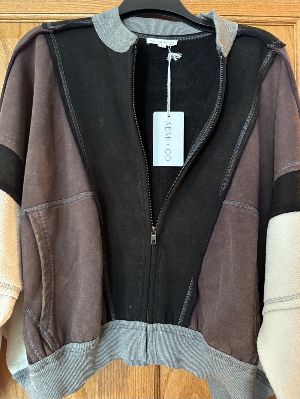 Aemi+Co Colorblock Bomber Jacket in Brown, Black & Cream full zip pockets Small
